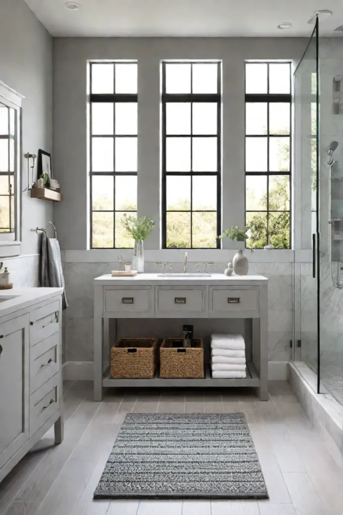 Stylish farmhouse bathroom vanity with an engineered stone countertop and a calming aesthetic