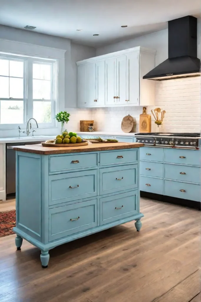 Vintagestyle kitchen island with a pastel blue finish and butcher block countertop